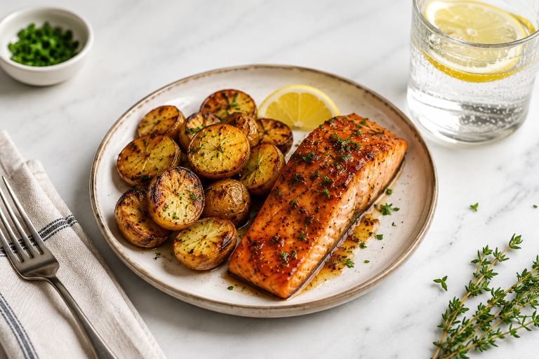 Maple Dijon Glazed Salmon with Crispy Potatoes