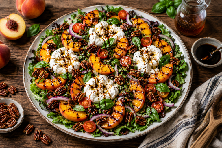 Grilled Peach Burrata Salad with Candied Pecans